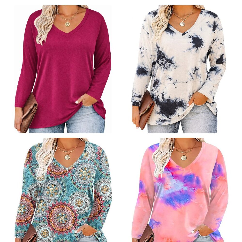 ROSRISS Womens Plus Size 14W-28W Top Long Sleeve Tee V-Neck Tunic Blouse T-Shirt